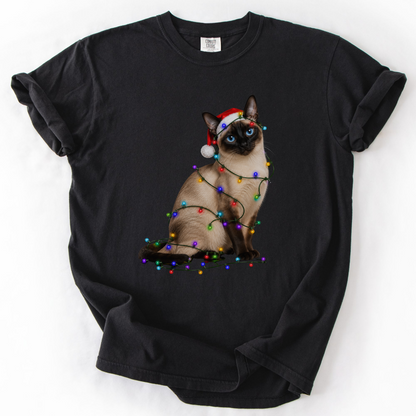Siamese Cat Christmas Lights Shirt, Comfort Colors Holiday Cat Lover Tee