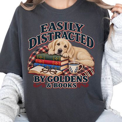English Cream Golden Retriever Shirt, Easily Distracted by Goldens and Books, Book Lover Tee