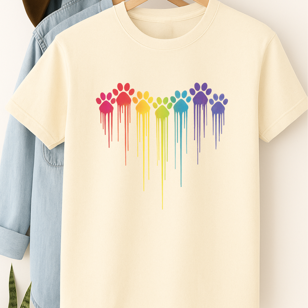 Rainbow Paw Print Heart Shirt Dog Lover Pride Tee Colorful Dripping Paw T-shirt Pet Parent Gift Animal Rescue Support Shirt