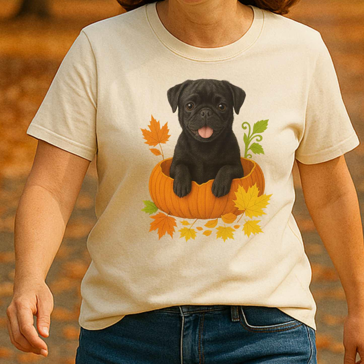 Black Pug in Pumpkin Fall Shirt, Cute Autumn Dog Tee for Pug Moms and Dog Lovers
