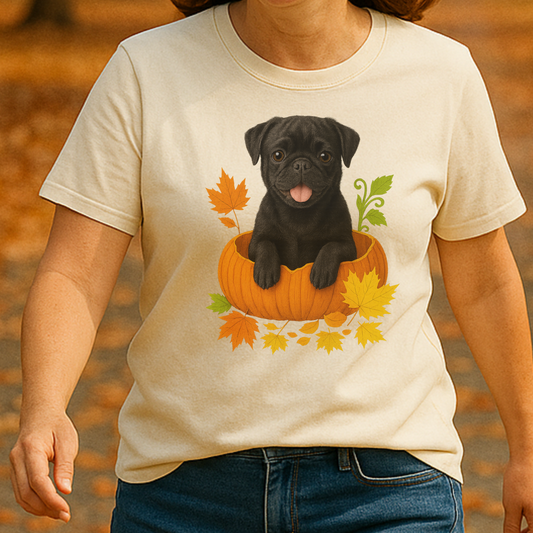 Black Pug in Pumpkin Fall Shirt, Cute Autumn Dog Tee for Pug Moms and Dog Lovers