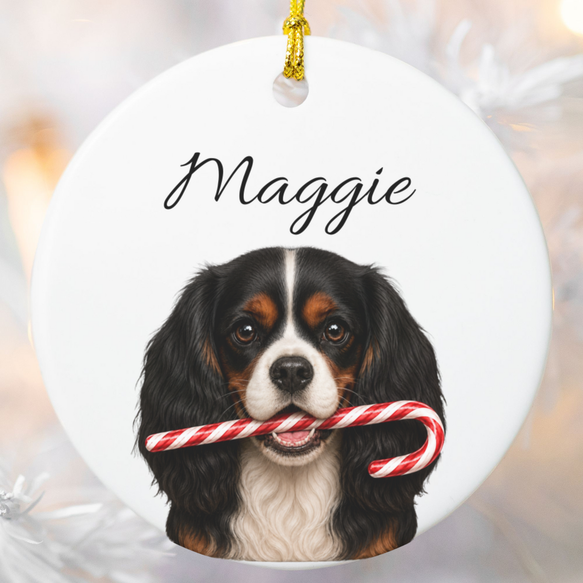 Personalized Tricolor Cavalier Candy Cane Ornament
