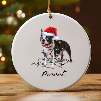Personalized Boston Terrier Christmas Ornament, Ceramic Dog Lover Gift, Festive Lights Tree Decor