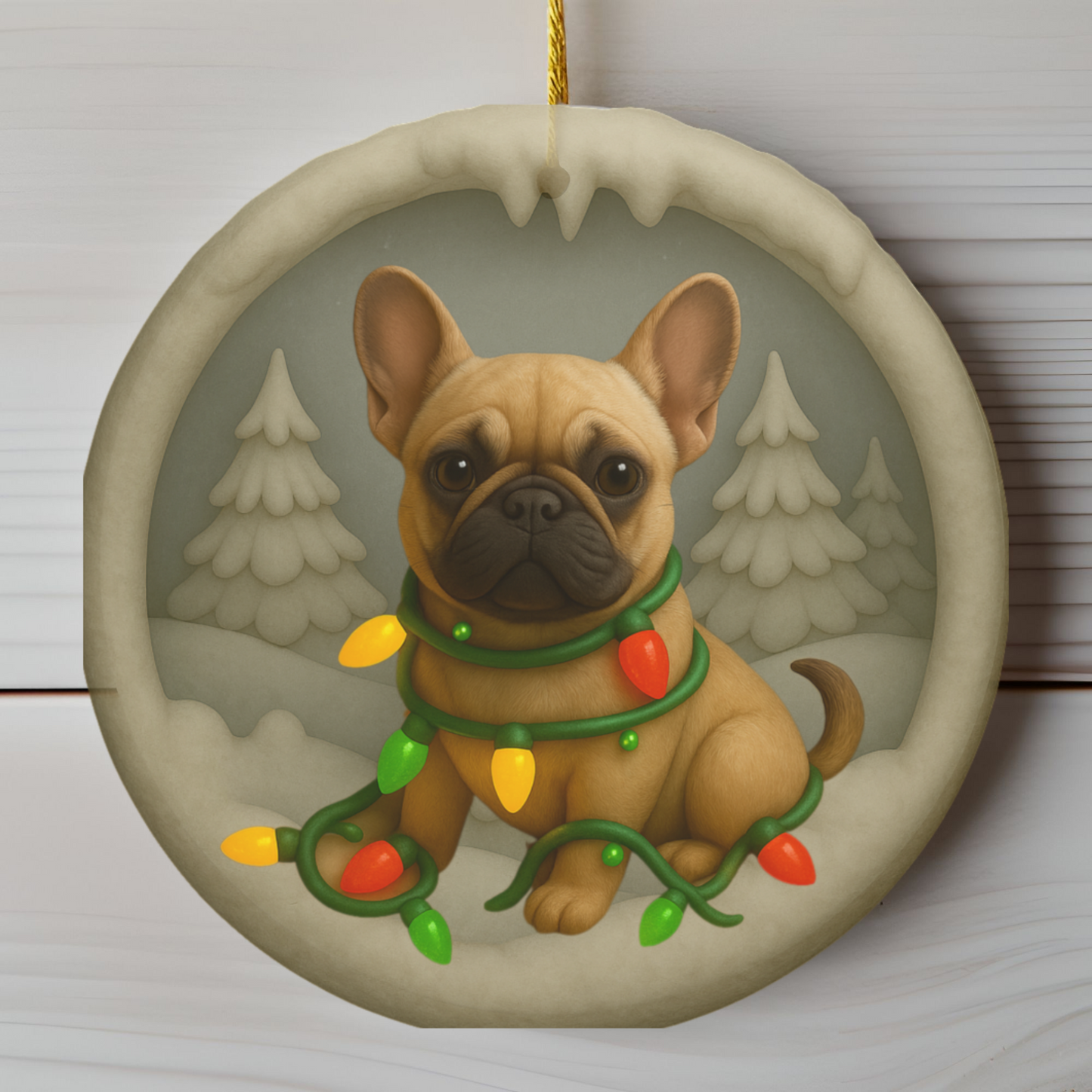 Personalized French Bulldog Christmas Ornament, Custom Frenchie with Holiday Lights Keepsake