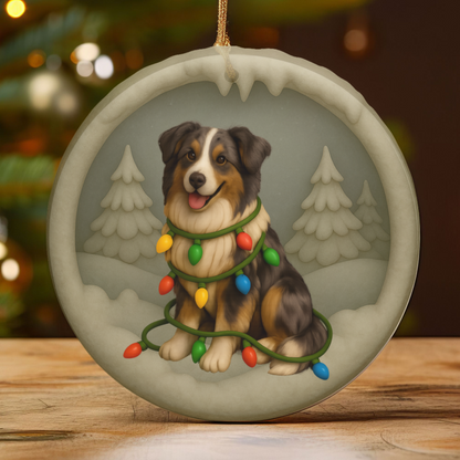 Personalizable Australian Shepherd Christmas Ornament, Custom Aussie with Holiday Lights Keepsake