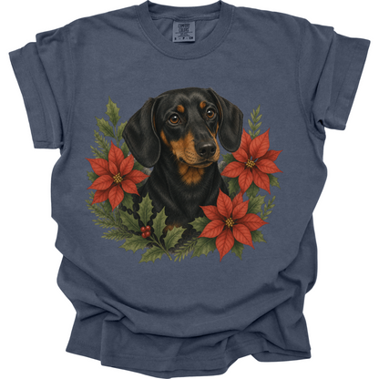 Black and Tan Dachshund Christmas Shirt, Poinsettia Dog Mom Holiday Tee