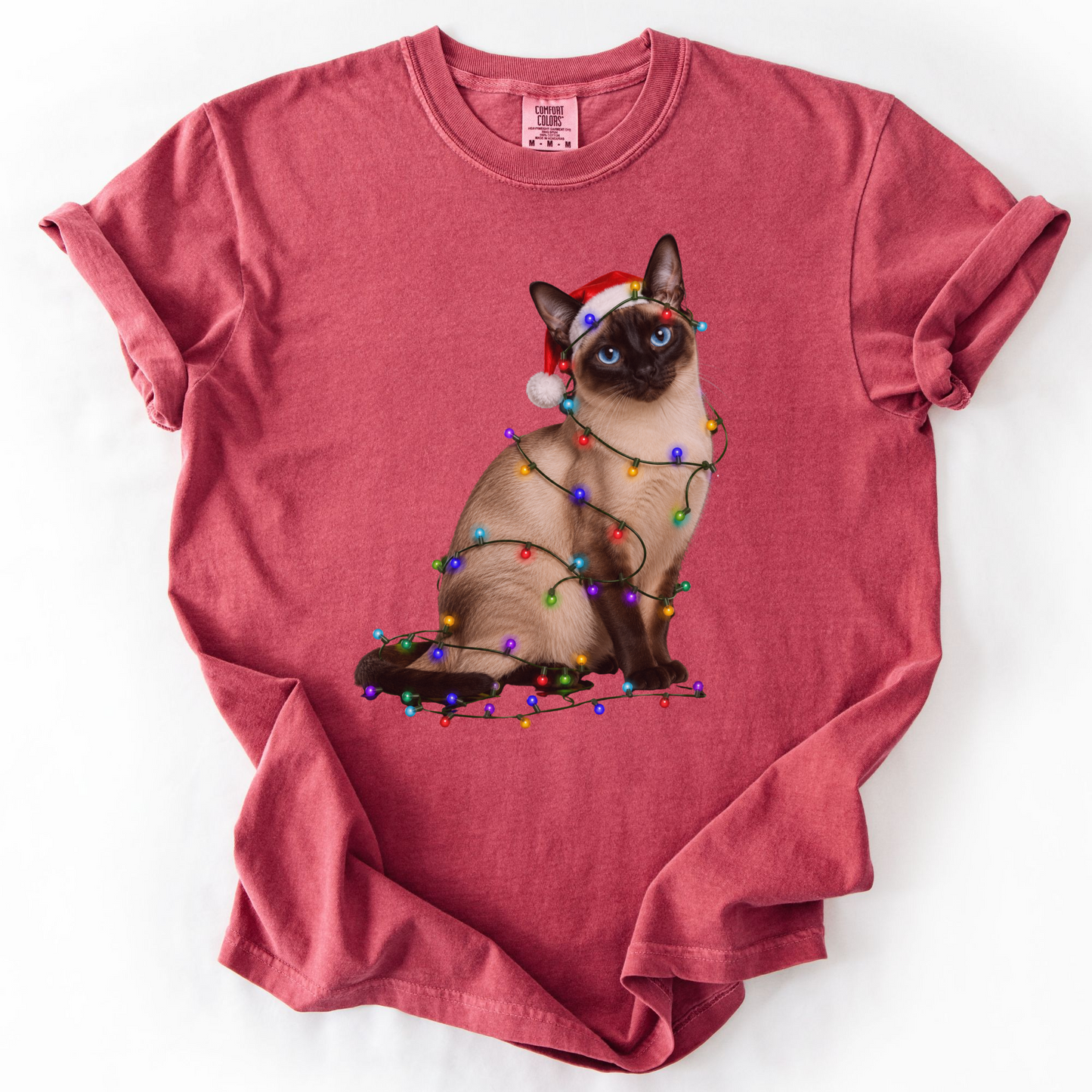 Siamese Cat Christmas Lights Shirt, Comfort Colors Holiday Cat Lover Tee