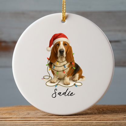 Personalized Basset Hound Christmas Ornament, Ceramic Dog Decor, Santa Hat Lights Keepsake