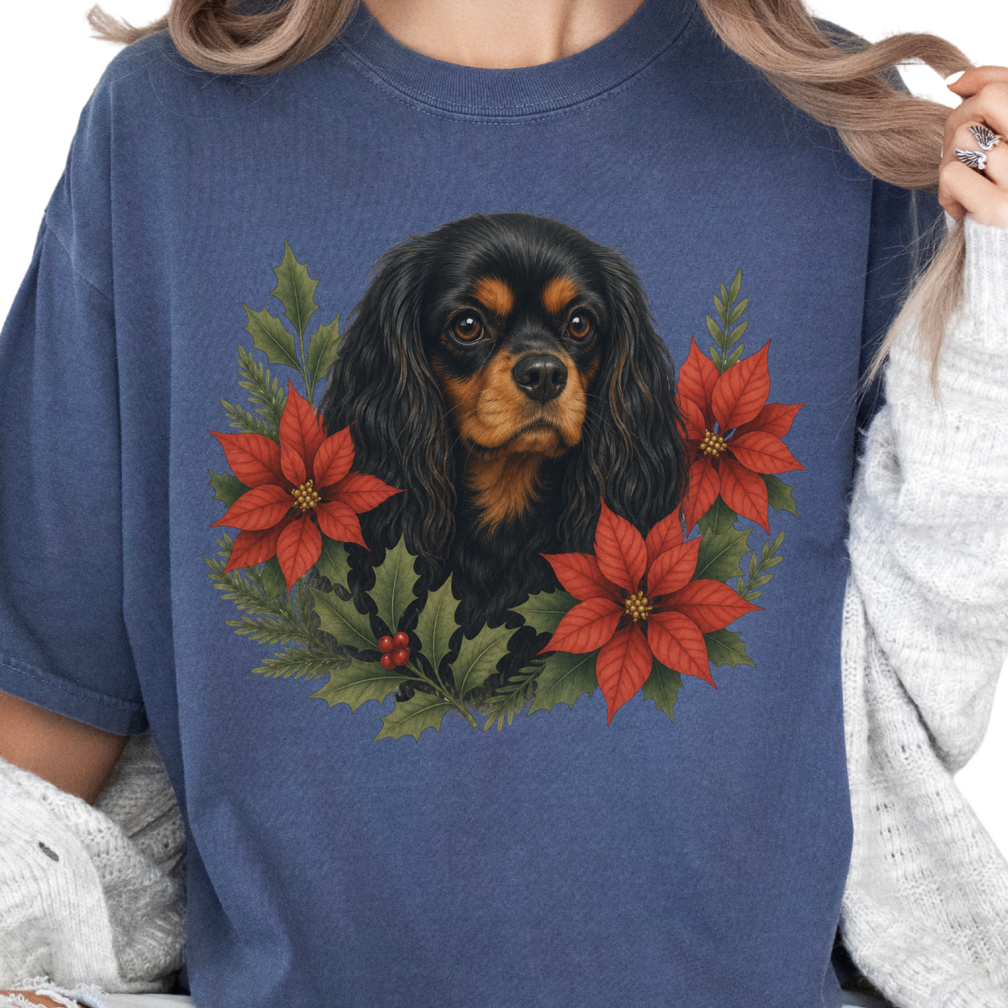 Black and Tan Cavalier Christmas Shirt, Poinsettia Dog Mom Holiday Tee