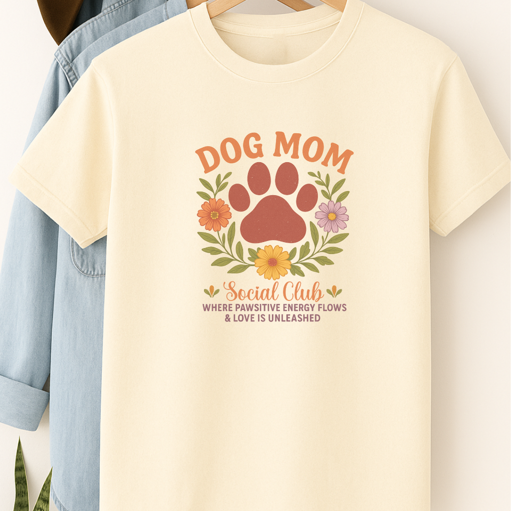 Dog Mom Social Club T-Shirt – Pawsitive Energy & Love Unleashed Floral Paw Design