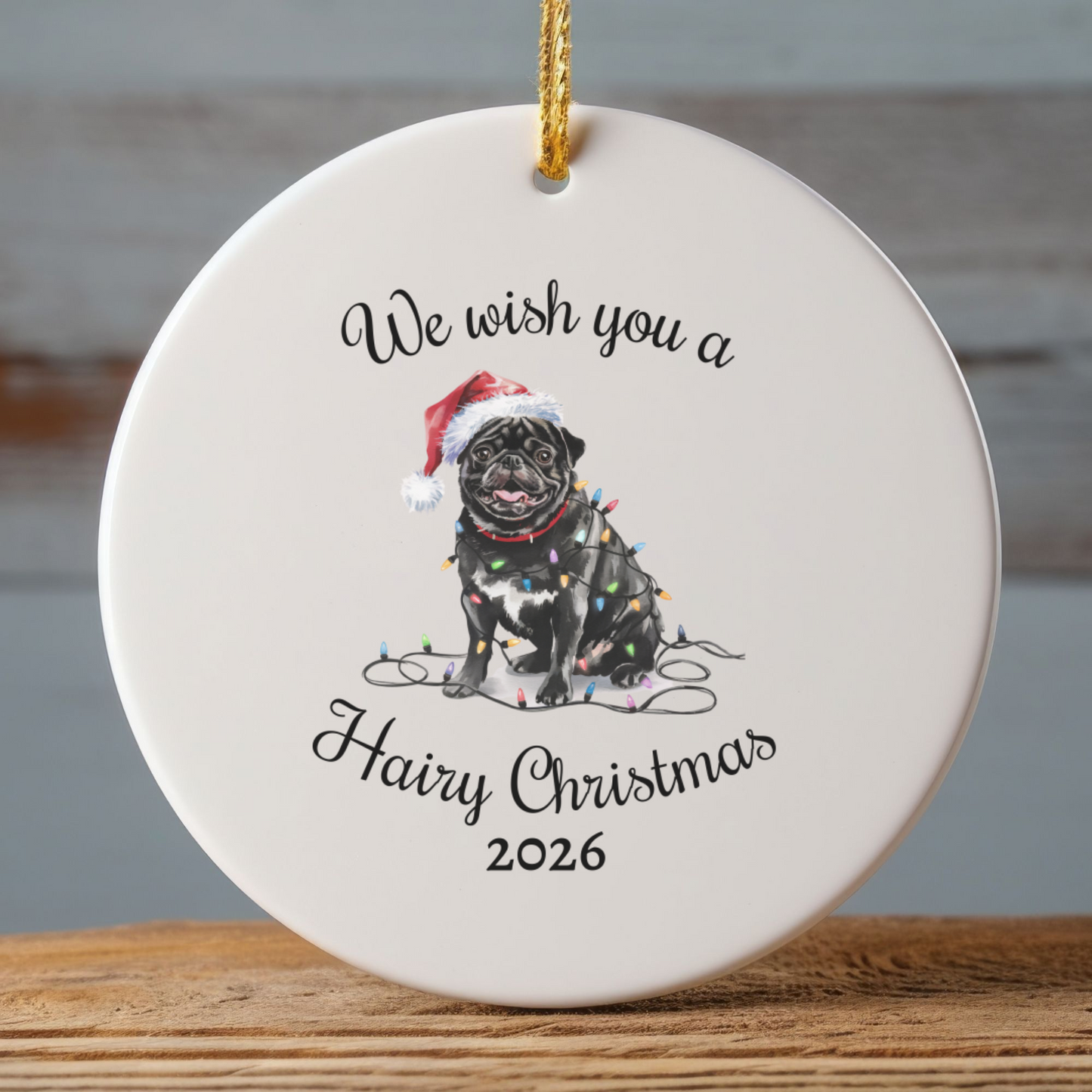Christmas Black Pug Ornament, Pug Mom, Christmas Lights Dog Keepsake