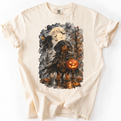 Black & Tan Dachshund Headless Horseman Inspired Halloween Comfort Colors Shirt