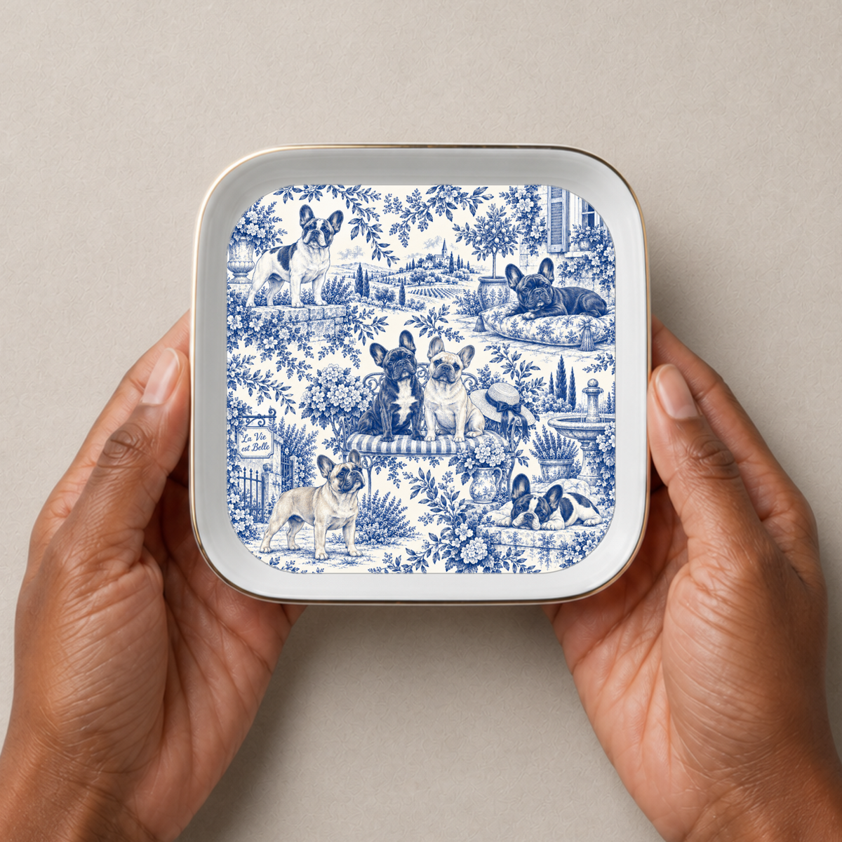 French Bulldog Jewelry Dish, Blue Toile Frenchie Ring Dish, Dog Lover Gift, Trinket Tray