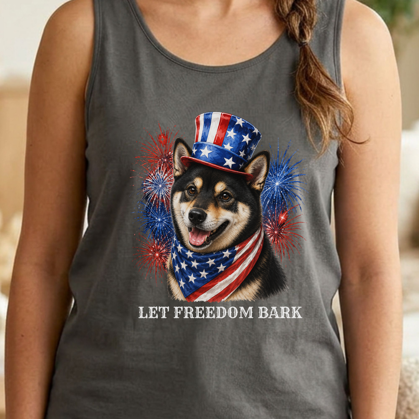 Black Shiba Inu Tank Top, Patriotic Let Freedom Bark