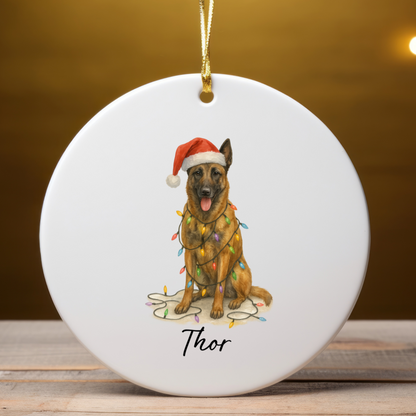 Personalized Belgian Malinois Dog Christmas Ornament, Ceramic Pet Decor, Santa Hat Lights