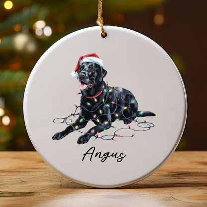 Personalized Black Labrador Christmas Ornament, Ceramic Dog Keepsake, Festive Lights Lab