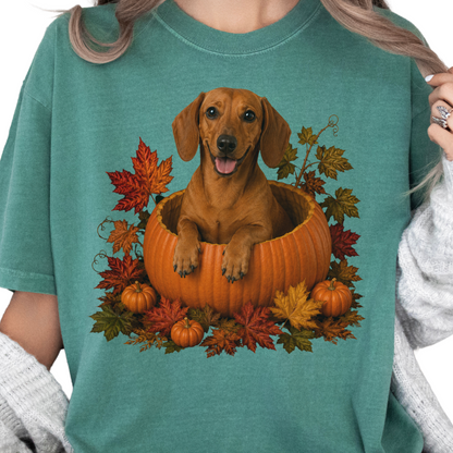 Red Dachshund Pumpkin Shirt Fall Dog Lover Autumn Comfort Colors Graphic Tee Gift Apparel