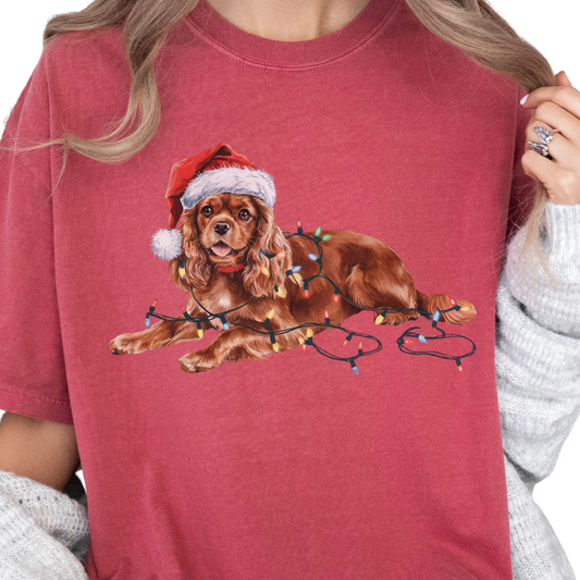 Ruby Cavalier King Charles Spaniel Christmas Shirt, Festive Dog Tee, Holiday Gift for Dog Lovers, Santa Hat Dog T-Shirt, Cute Dog Art