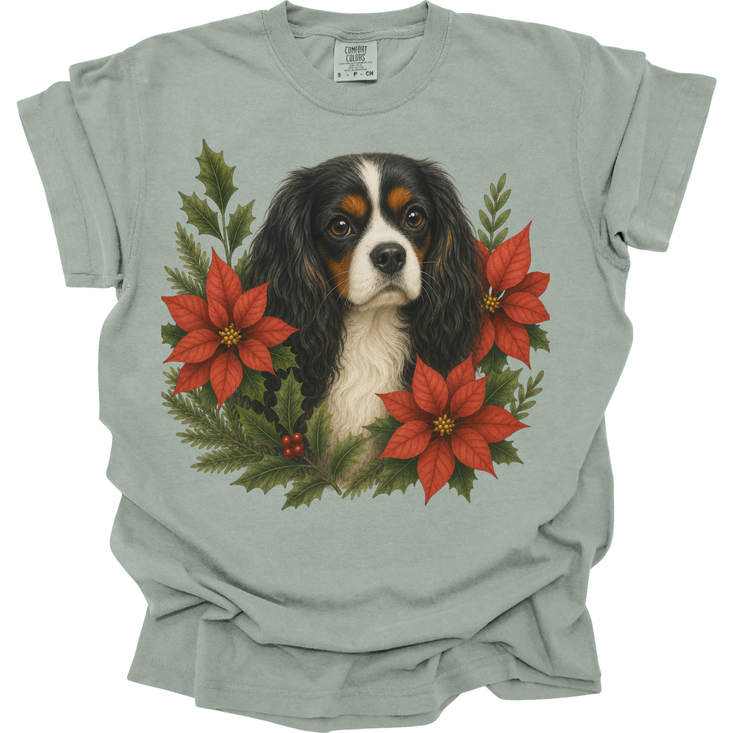 Tricolor Cavalier Christmas Shirt, Poinsettia Dog Mom Holiday Tee