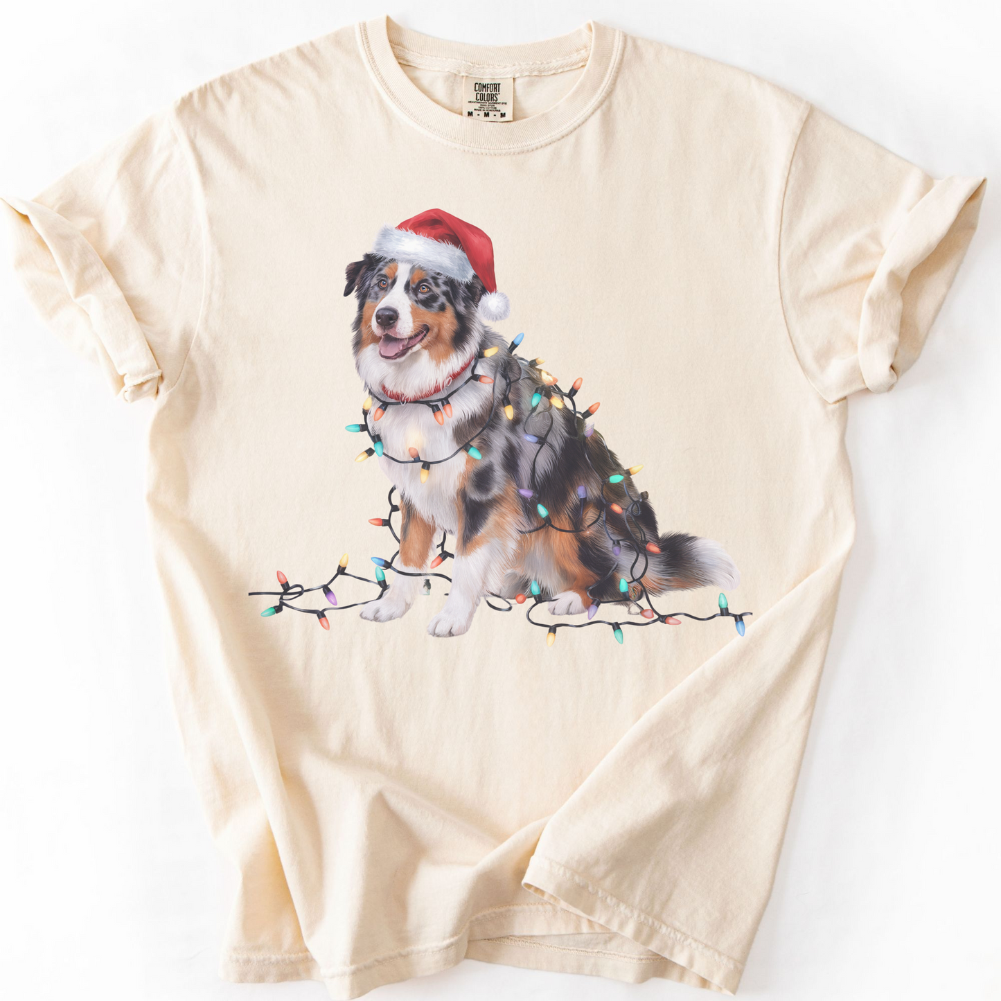 Australian Shepherd Christmas Lights Dog Shirt, Festive Aussie Holiday Tee for Dog Lovers