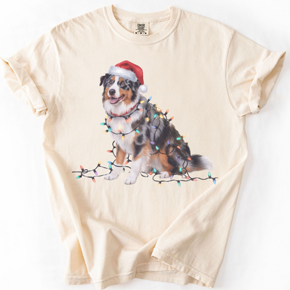 Australian Shepherd Christmas Lights Dog Shirt, Festive Aussie Holiday Tee for Dog Lovers