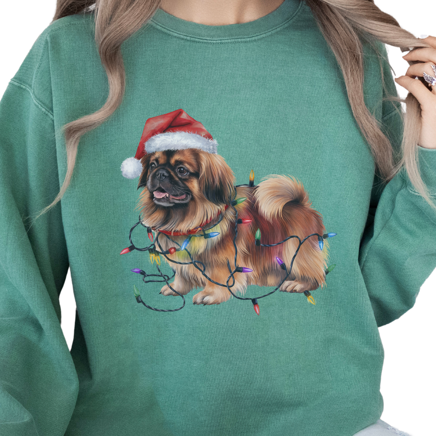 Pekingese Christmas Lights Dog Sweatshirt, Festive Holiday Pet Lover Apparel