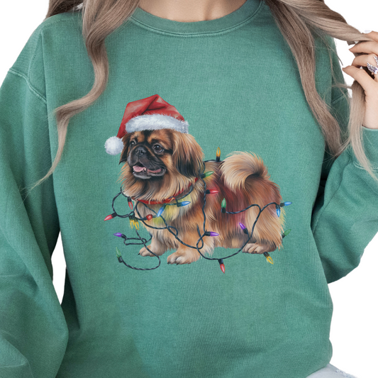Pekingese Christmas Lights Dog Sweatshirt, Festive Holiday Pet Lover Apparel