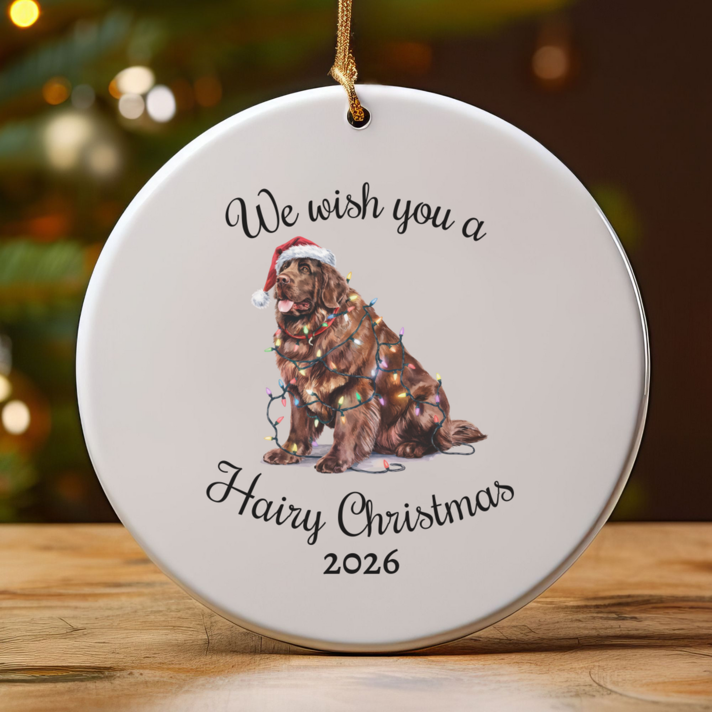 Christmas Brown Newfoundland Ornament, Christmas Lights Dog Keepsake
