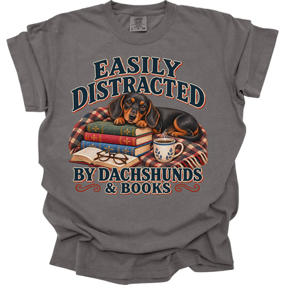 Black Tan Dachshund Shirt, Easily Distracted by Dachshunds and Books, Doxie Book Lover Tee