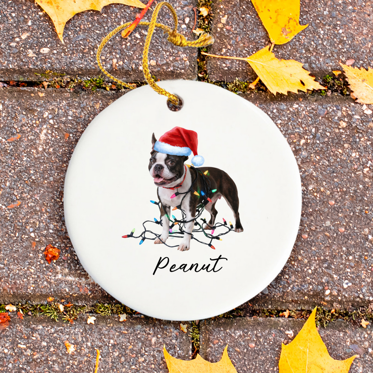Personalized Boston Terrier Christmas Ornament, Ceramic Dog Lover Gift, Festive Lights Tree Decor