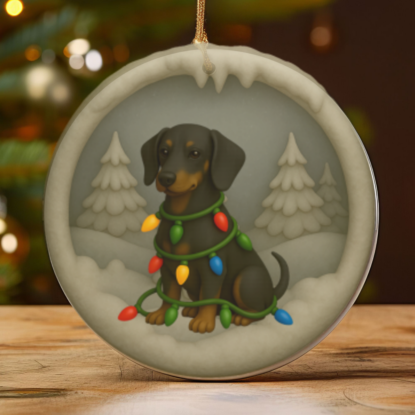 Personalized Black & Tan Dachshund Christmas Ornament, 3D Clay-Style Dog Keepsake with Lights