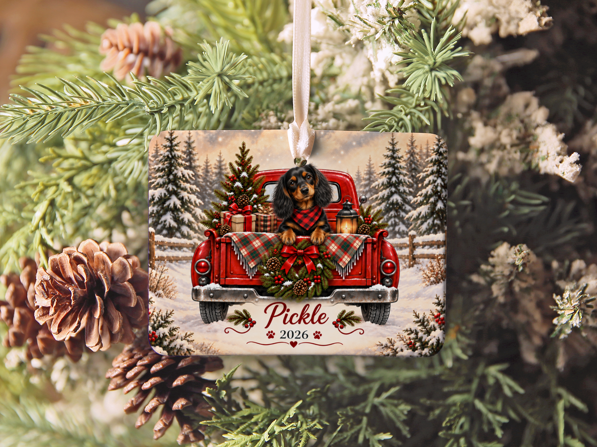 Personalized Black and Tan Dachshund Ornament, Christmas Red Truck, Custom Name and Year