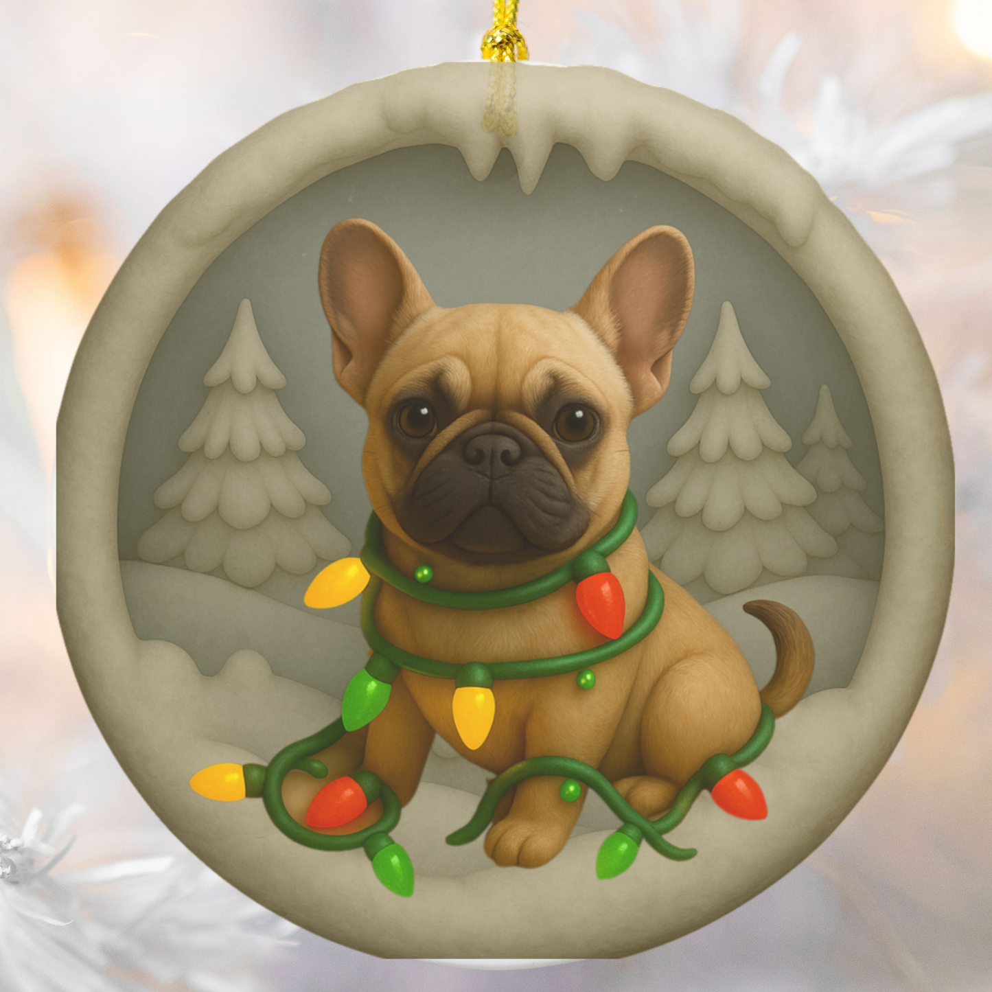 Personalized French Bulldog Christmas Ornament, Custom Frenchie with Holiday Lights Keepsake