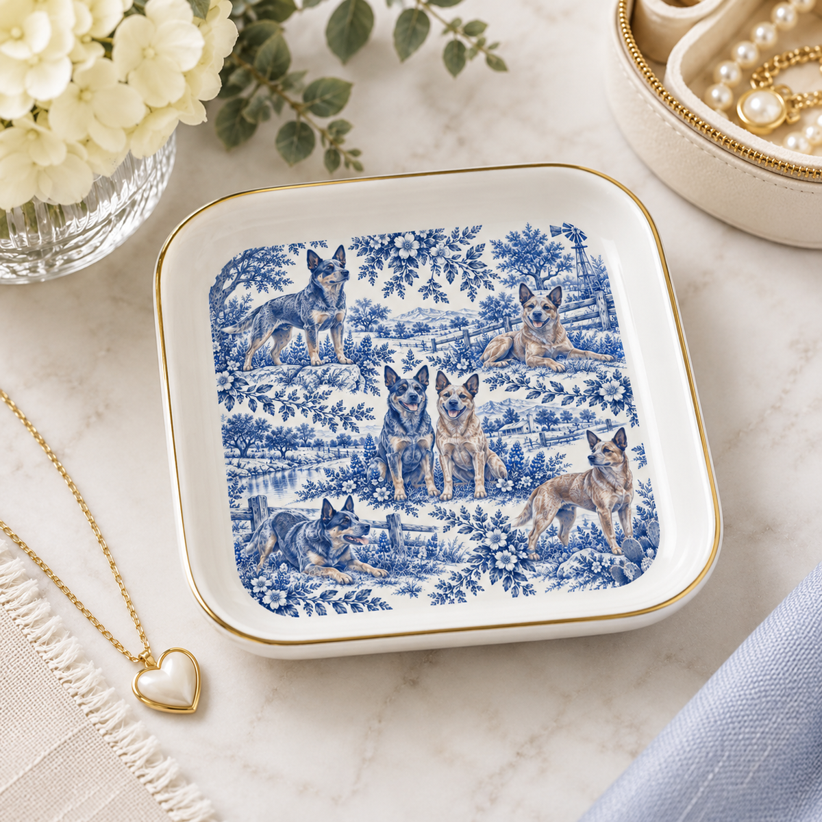 Australian Cattle Dog Blue Toile Jewelry Dish, Vintage Blue Heeler Trinket Tray Gift