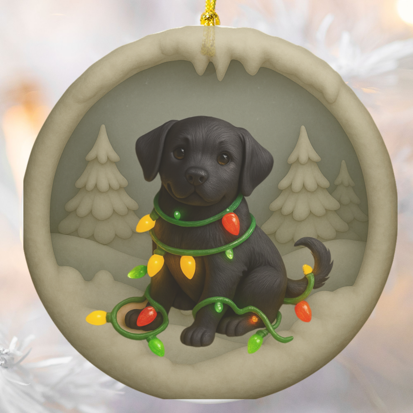 Black Lab Christmas Ornament, Personalized Labrador Retriever Puppy with Holiday Lights, Custom Dog Lover Gift, Tree Decoration
