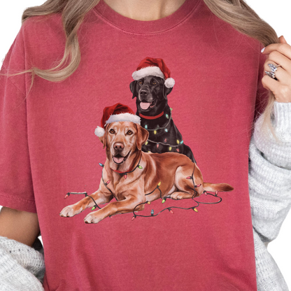 Black and Red Fox Labrador Christmas Shirt, Festive Dog Santa Hat Tee, Holiday Apparel Gift, Labrador Retriever Art Lovers