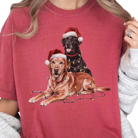 Black and Red Fox Labrador Christmas Shirt, Festive Dog Santa Hat Tee, Holiday Apparel Gift, Labrador Retriever Art Lovers