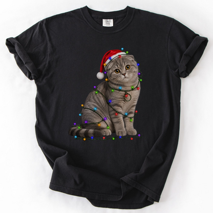 Scottish Fold Christmas Lights Shirt, Comfort Colors Holiday Cat Lover Tee
