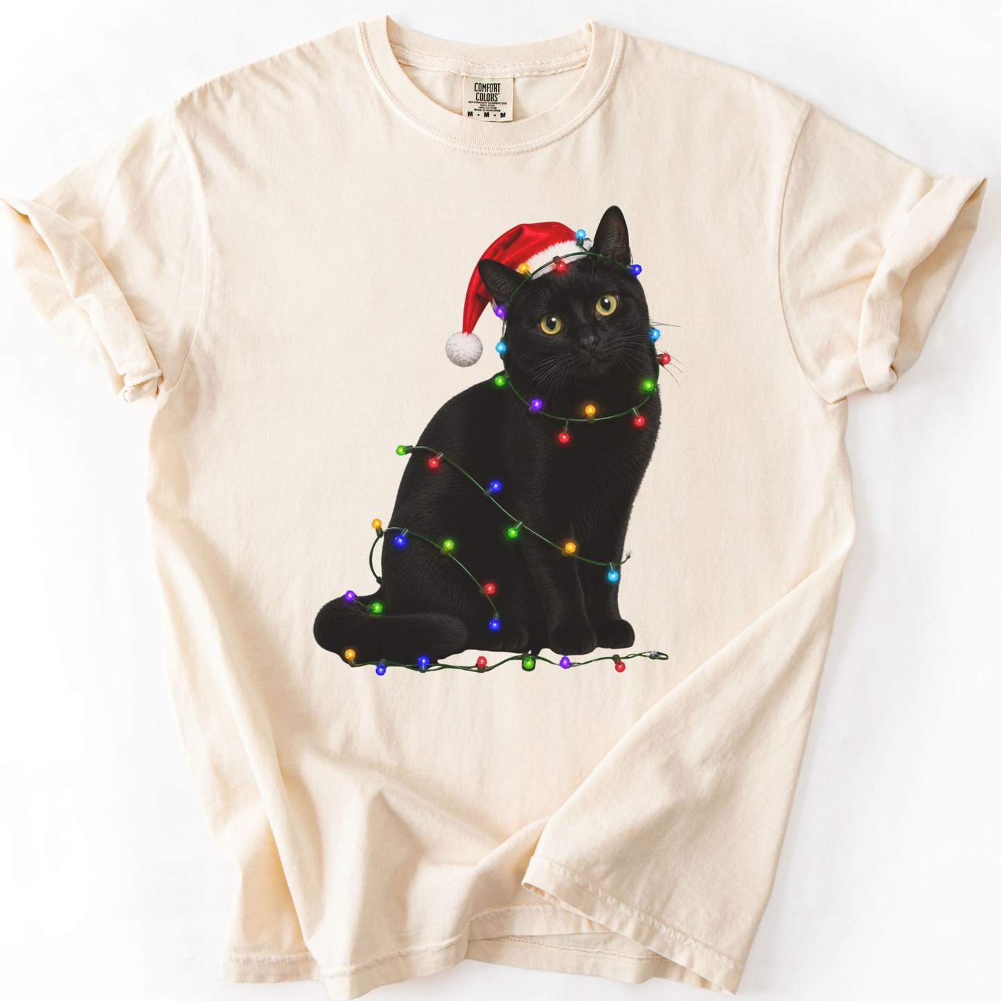Black Cat Christmas Lights Shirt, Comfort Colors Holiday Cat Lover Tee