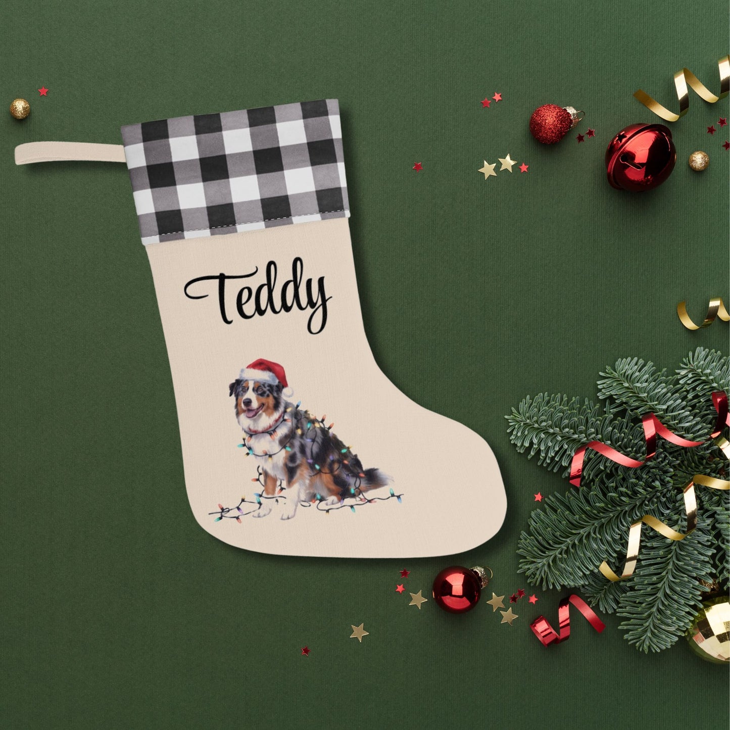 Personalized Christmas Australian Shepherd Stocking, Xmas Decor, Plaid Cuff Holiday Stocking