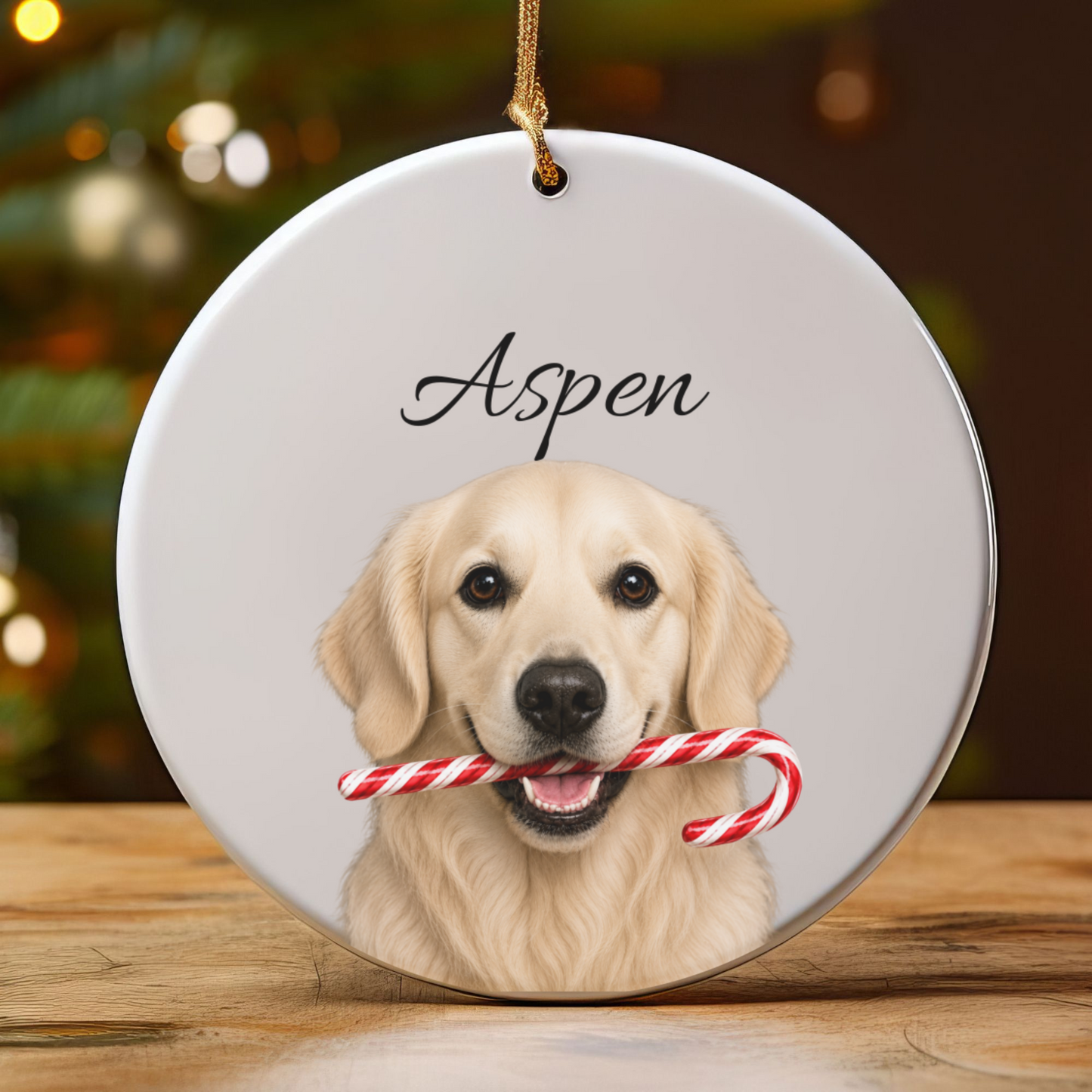Personalized English Cream Golden Retriever Candy Cane Ornament