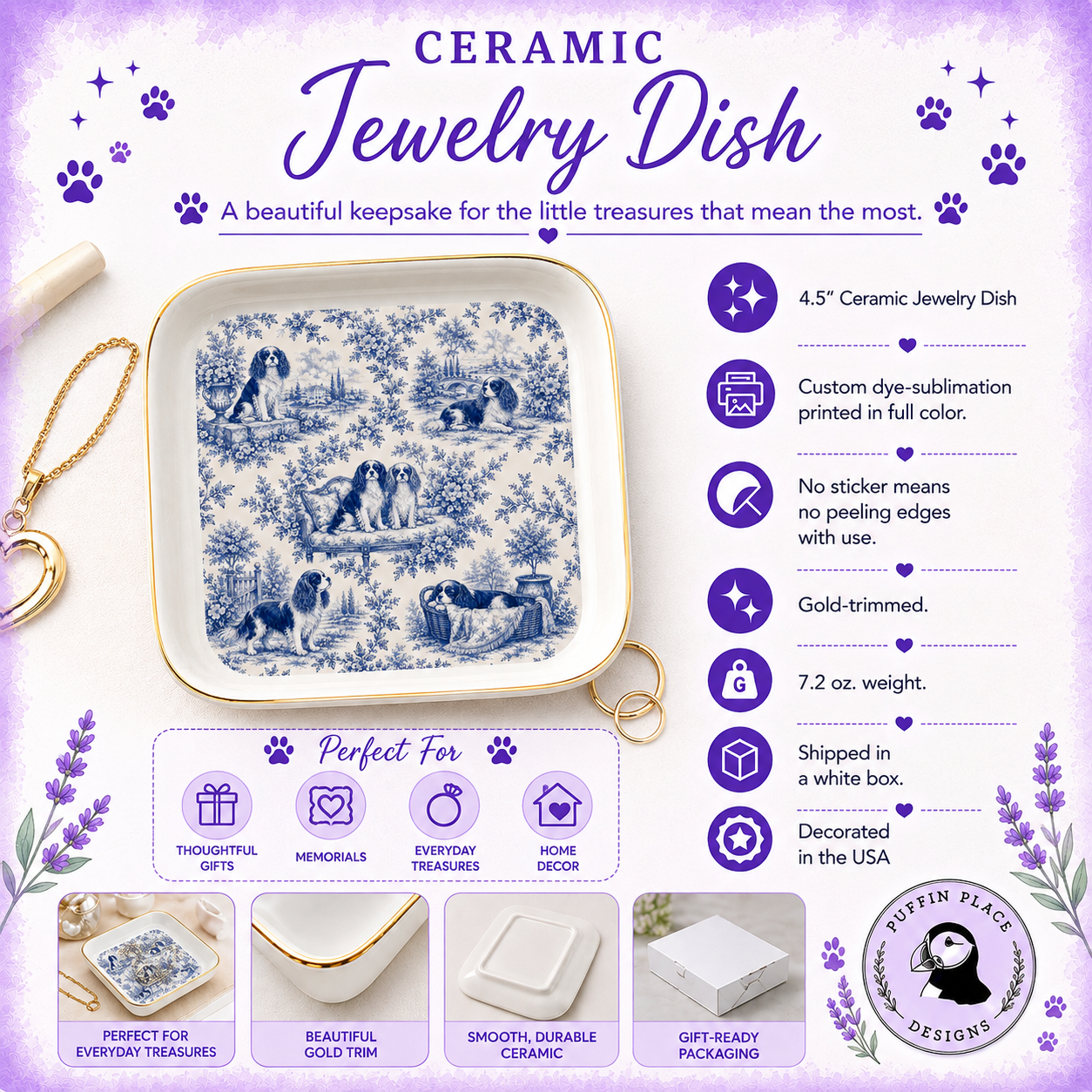 Cavalier Jewelry Dish, French Blue Toile Trinket Tray, Cavalier King Charles Spaniel Gift