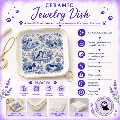 Cavalier Jewelry Dish, French Blue Toile Trinket Tray, Cavalier King Charles Spaniel Gift