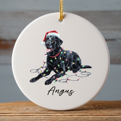 Personalized Black Labrador Christmas Ornament, Ceramic Dog Keepsake, Festive Lights Lab