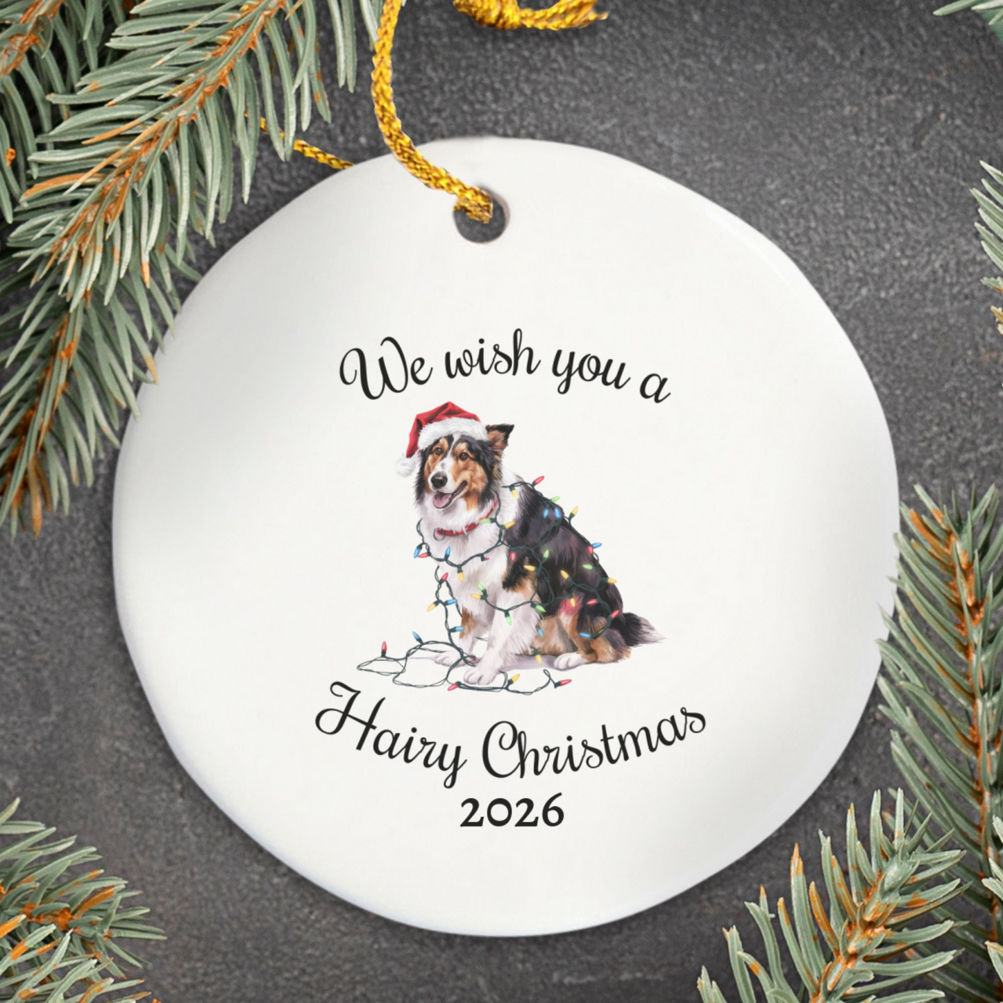 Christmas Collie Ornament, Christmas Lights Dog Keepsake