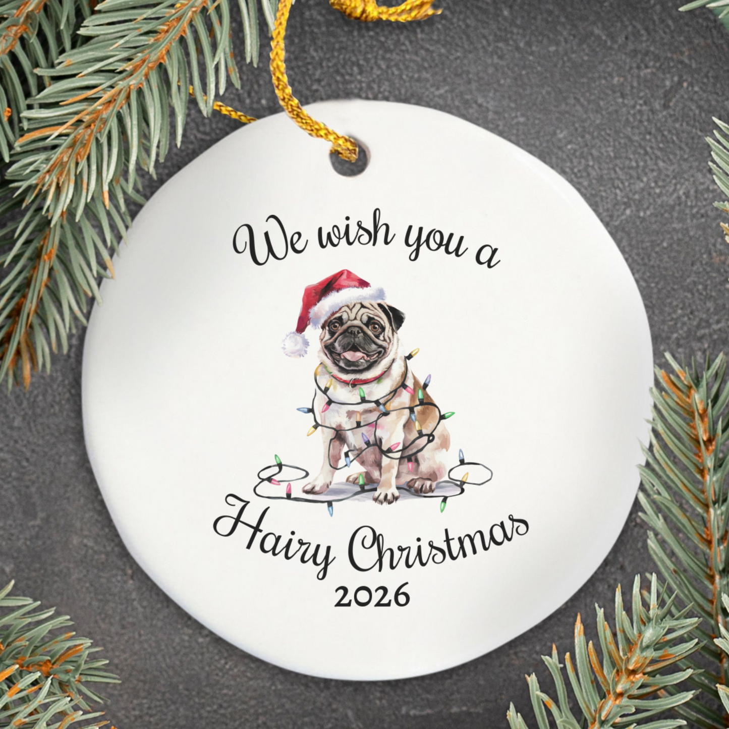 Christmas Tan Pug Ornament, Pug Mom, Christmas Lights Dog Keepsake