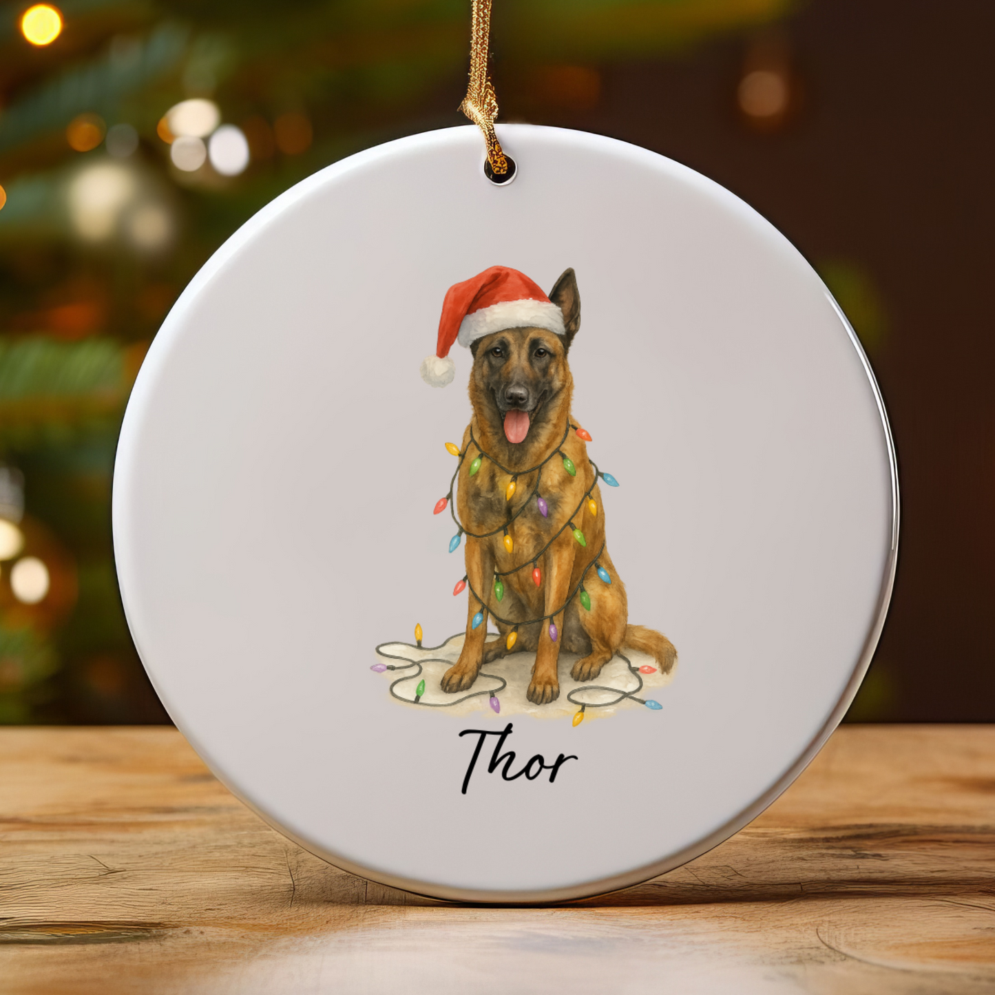 Personalized Belgian Malinois Dog Christmas Ornament, Ceramic Pet Decor, Santa Hat Lights