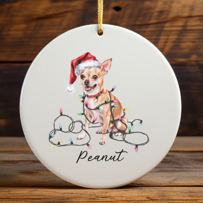 Personalized Tan Chihuahua Christmas Ornament, Custom Dog Name Holiday Keepsake, Ceramic Decor