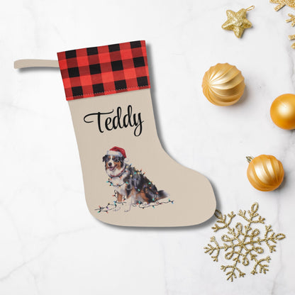 Personalized Christmas Australian Shepherd Stocking, Xmas Decor, Plaid Cuff Holiday Stocking