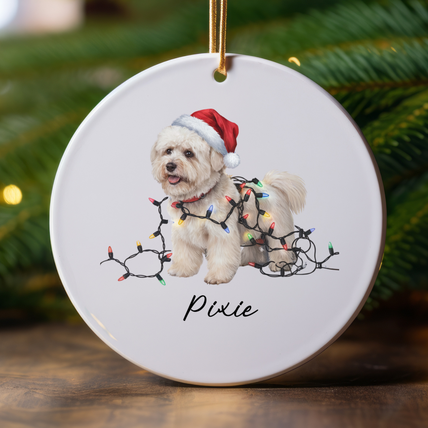 Personalized Bichon Frise Christmas Ornament, Ceramic Dog Santa Hat Lights Decoration